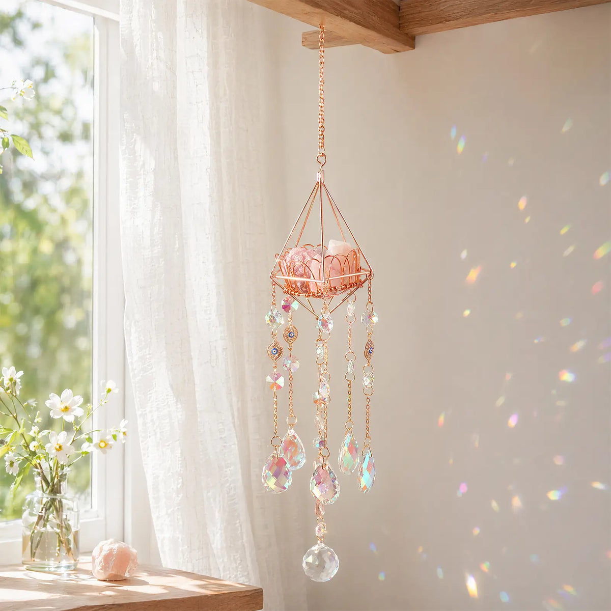 Handmade Flower Basket Crystal Suncatcher, Rainbow Maker for Window Porch & Garden Decor