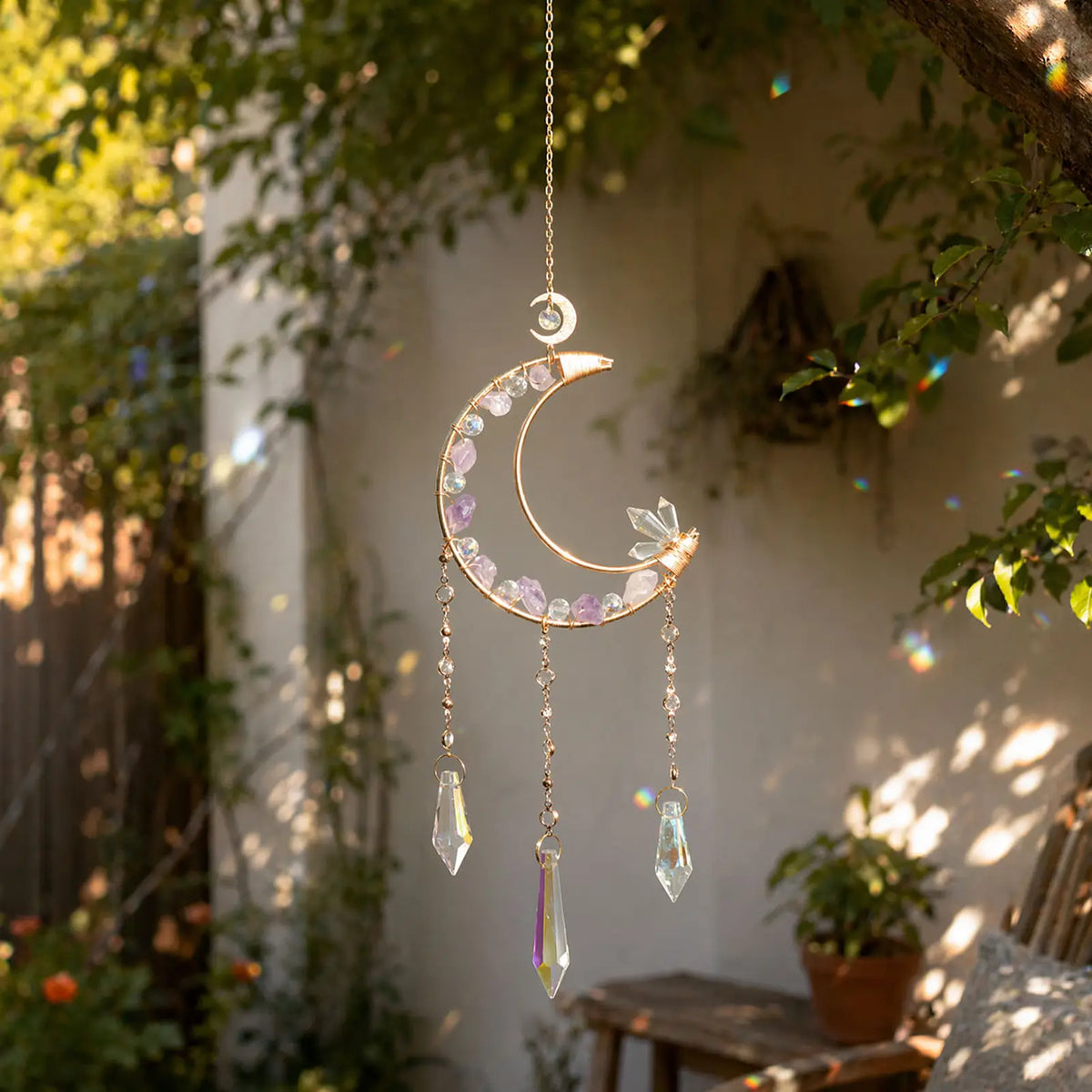 Handmade Amethyst Moon Crystal Suncatcher, Rainbow Maker for Window Porch & Garden Decor