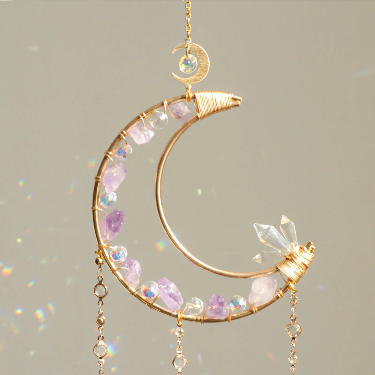 Handmade Amethyst Moon Crystal Suncatcher, Rainbow Maker for Window Porch & Garden Decor