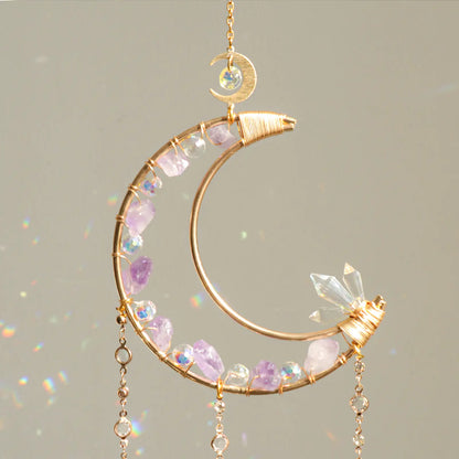 Handmade Amethyst Moon Crystal Suncatcher, Rainbow Maker for Window Porch & Garden Decor
