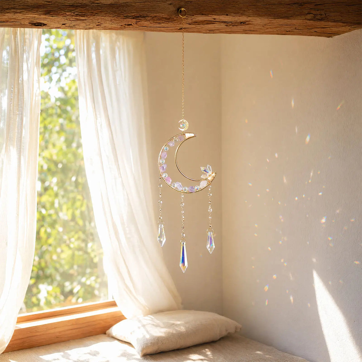 Handmade Amethyst Moon Crystal Suncatcher, Rainbow Maker for Window Porch & Garden Decor