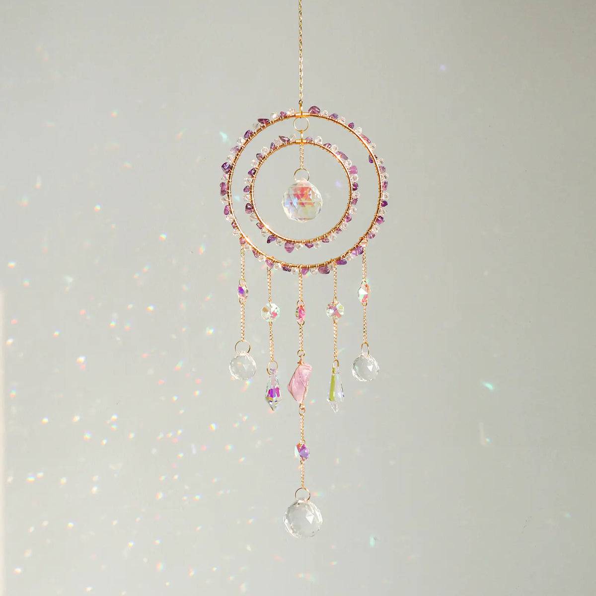 Handmade Double Hoop Amethyst Crystal Suncatcher, Rainbow Maker for Window Porch & Garden Decor