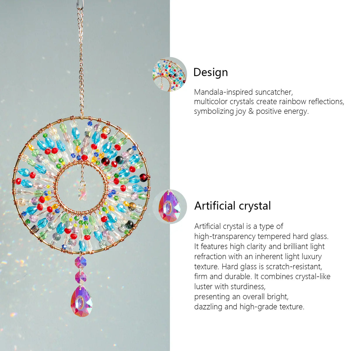 Handmade Boho Mandala Crystal Suncatcher, Rainbow Maker for Window Porch & Garden Decor